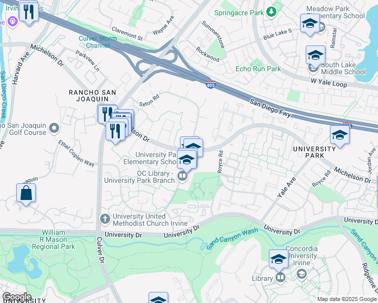 map of restaurants, bars, coffee shops, grocery stores, and more near Michelson Drive & Seton Road in Irvine