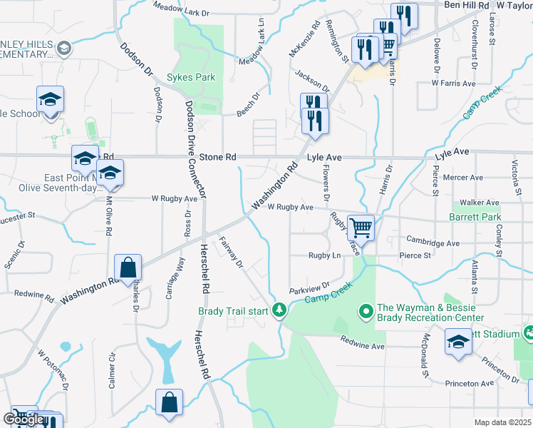 map of restaurants, bars, coffee shops, grocery stores, and more near 2424 West Rugby Avenue in College Park