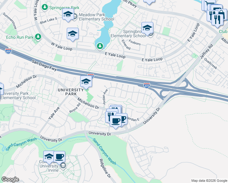 map of restaurants, bars, coffee shops, grocery stores, and more near 17306 Peach in Irvine
