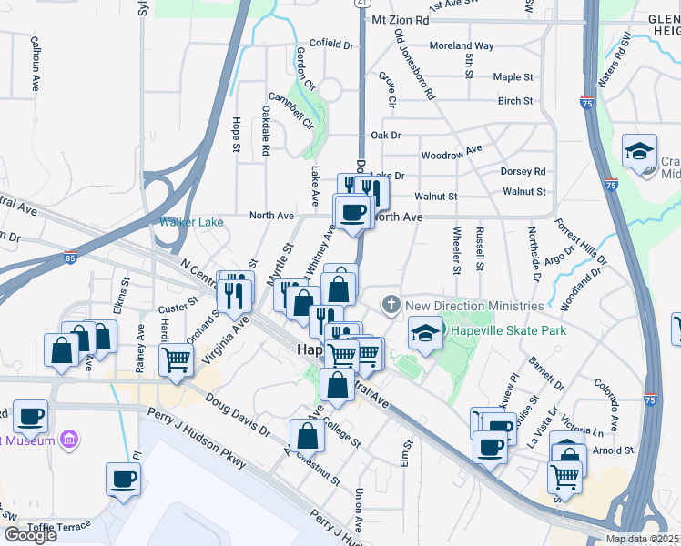 map of restaurants, bars, coffee shops, grocery stores, and more near 3345 Dogwood Drive in Hapeville