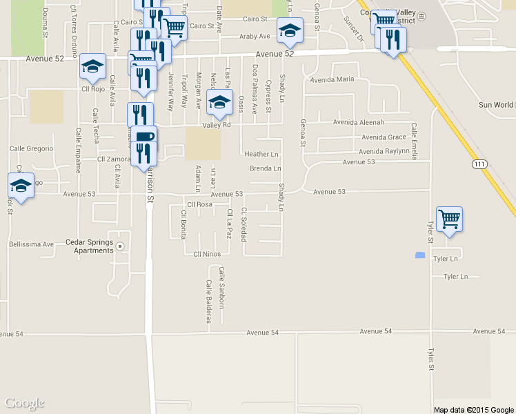 map of restaurants, bars, coffee shops, grocery stores, and more near 85634 Via Tepeyac in Coachella
