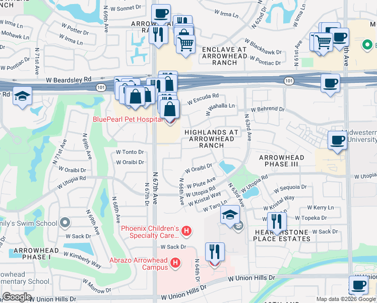 map of restaurants, bars, coffee shops, grocery stores, and more near 6517 West Behrend Drive in Glendale
