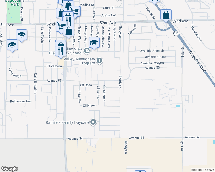 map of restaurants, bars, coffee shops, grocery stores, and more near 85634 Via Tepeyac in Coachella