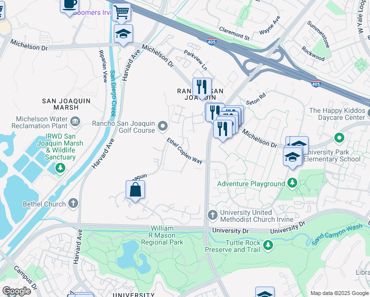 map of restaurants, bars, coffee shops, grocery stores, and more near in Irvine