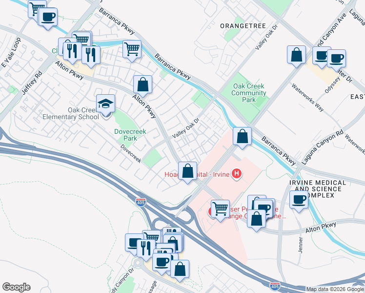 map of restaurants, bars, coffee shops, grocery stores, and more near 909 Oak Glen in Irvine