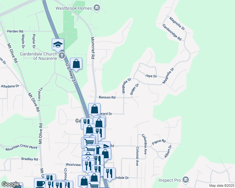 map of restaurants, bars, coffee shops, grocery stores, and more near 230 Benson Road in Gardendale