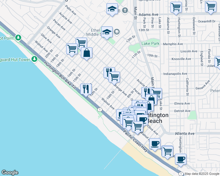 map of restaurants, bars, coffee shops, grocery stores, and more near 310 11th Street in Huntington Beach