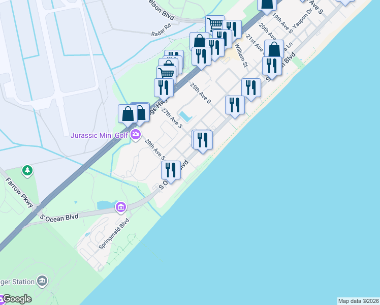 map of restaurants, bars, coffee shops, grocery stores, and more near 2708 South Ocean Boulevard in Myrtle Beach