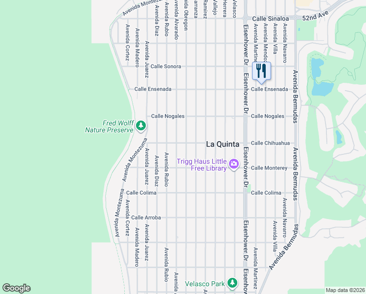 map of restaurants, bars, coffee shops, grocery stores, and more near 53045 Avenue Obregon in La Quinta