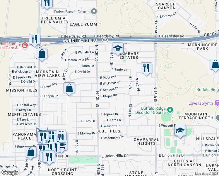map of restaurants, bars, coffee shops, grocery stores, and more near 1226 East Sequoia Drive in Phoenix