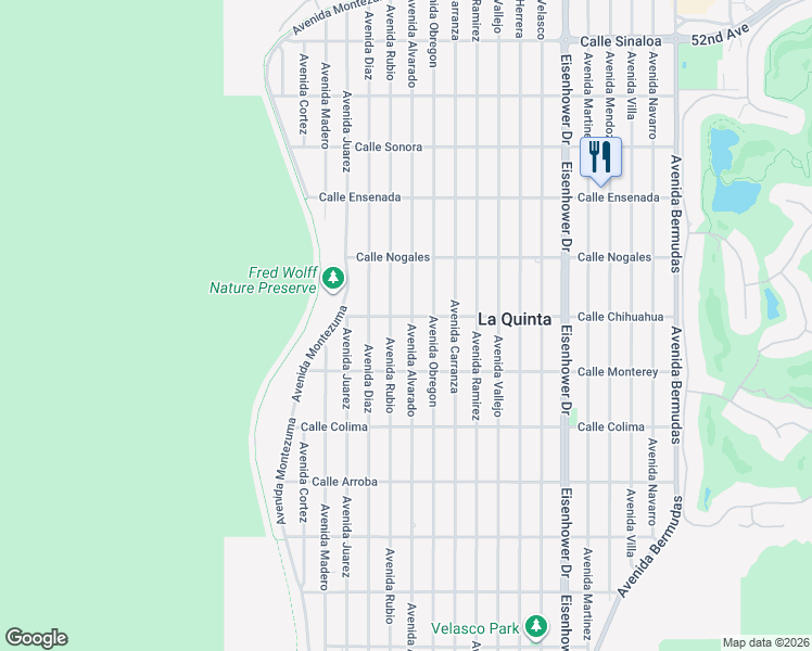 map of restaurants, bars, coffee shops, grocery stores, and more near 53045 Avenida Alvarado in La Quinta