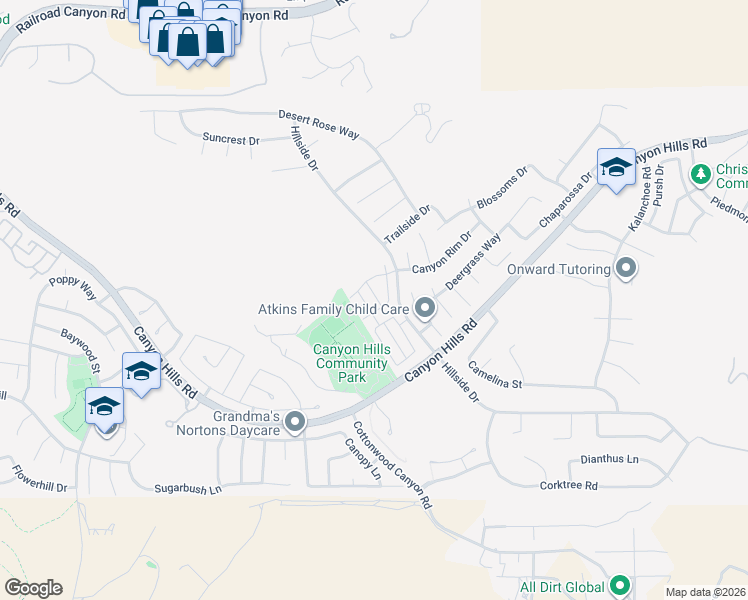 map of restaurants, bars, coffee shops, grocery stores, and more near 34219 Belfair Way in Lake Elsinore