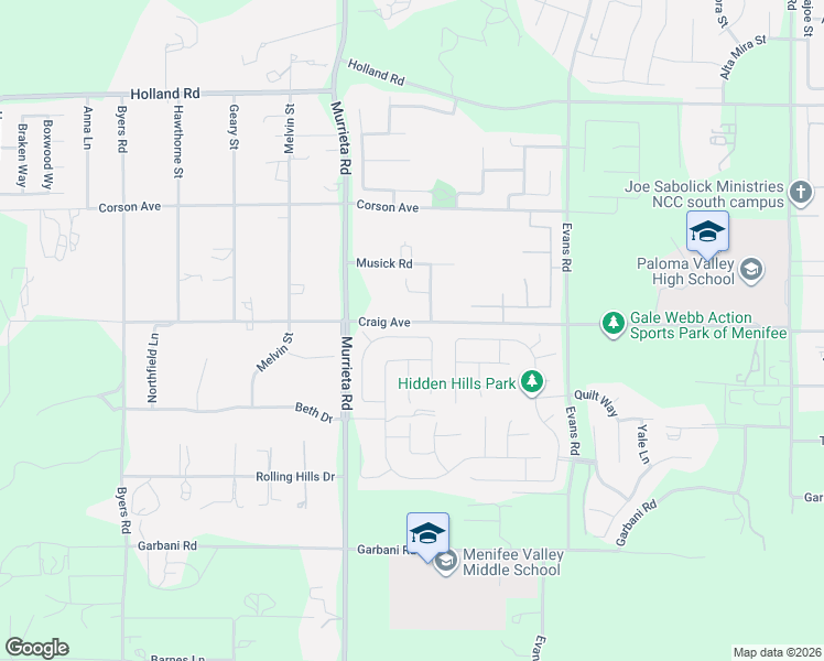map of restaurants, bars, coffee shops, grocery stores, and more near 26120 Craig Avenue in Menifee