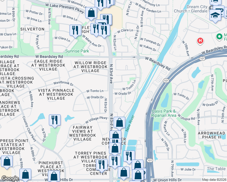 map of restaurants, bars, coffee shops, grocery stores, and more near 8233 West Tonto Lane in Peoria