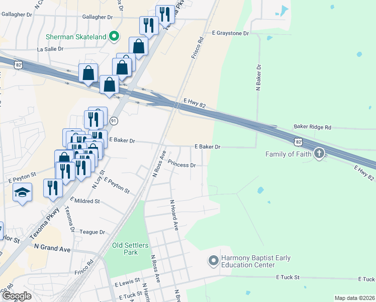 map of restaurants, bars, coffee shops, grocery stores, and more near 2217 Duchess Drive in Sherman