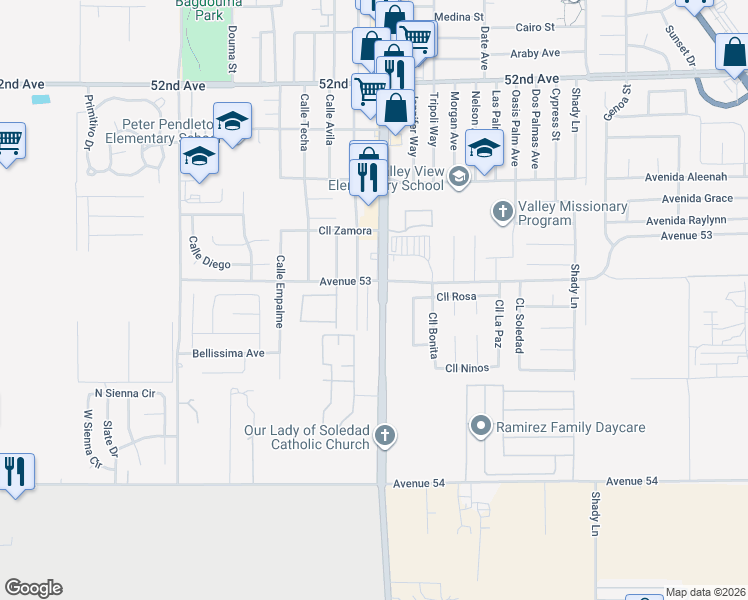 map of restaurants, bars, coffee shops, grocery stores, and more near 53104 Calle Camacho in Coachella