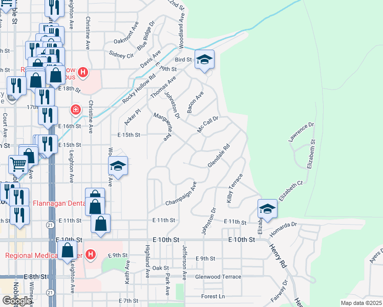 map of restaurants, bars, coffee shops, grocery stores, and more near 1110 Rainbow Circle in Anniston