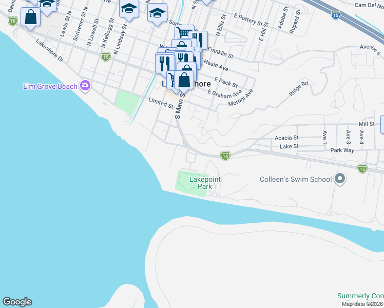 map of restaurants, bars, coffee shops, grocery stores, and more near 150 Lakeshore Drive in Lake Elsinore