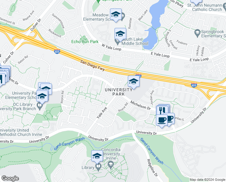 map of restaurants, bars, coffee shops, grocery stores, and more near 23 Willow Tree Lane in Irvine