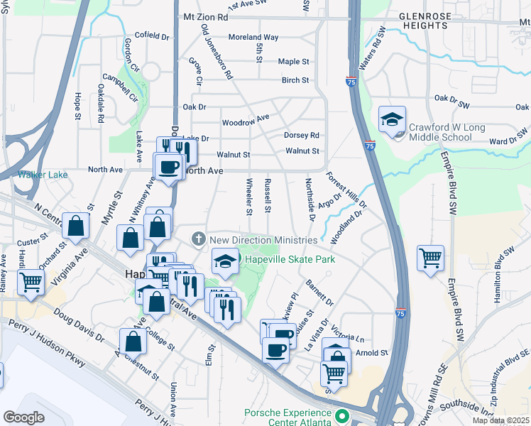 map of restaurants, bars, coffee shops, grocery stores, and more near 3313 Russell Street in Hapeville