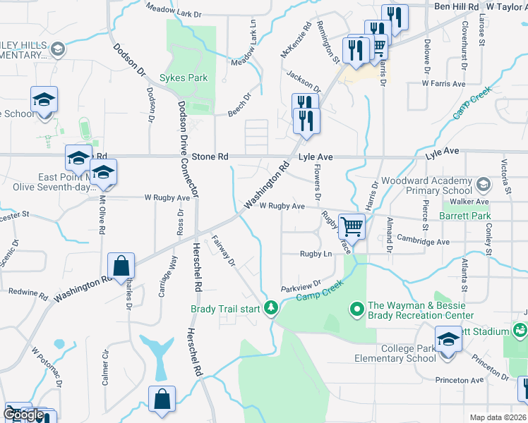 map of restaurants, bars, coffee shops, grocery stores, and more near 2424 West Rugby Avenue in College Park