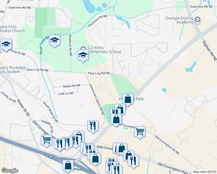 map of restaurants, bars, coffee shops, grocery stores, and more near 1276 Woodlyn Chase NorthEast in Conyers