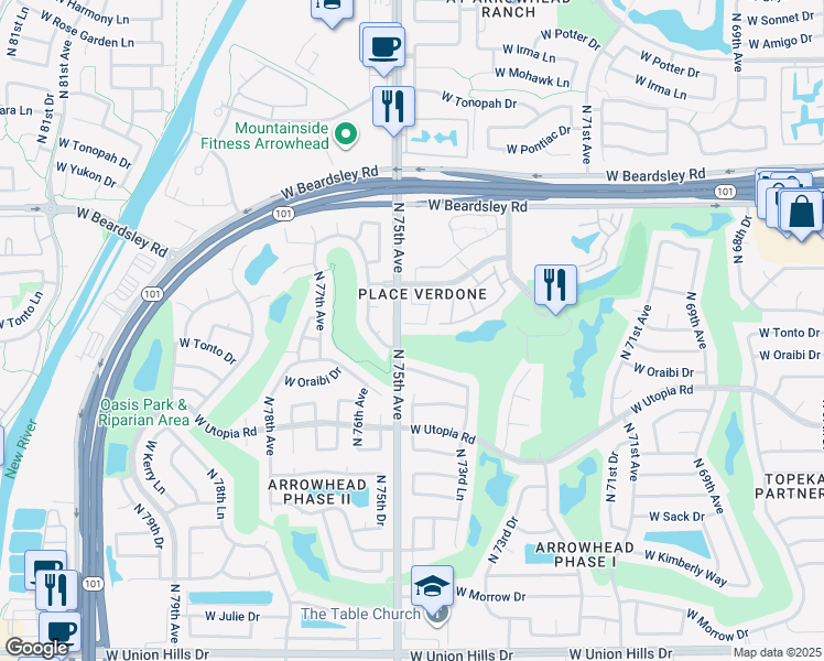 map of restaurants, bars, coffee shops, grocery stores, and more near 7459 West Denaro Drive in Glendale