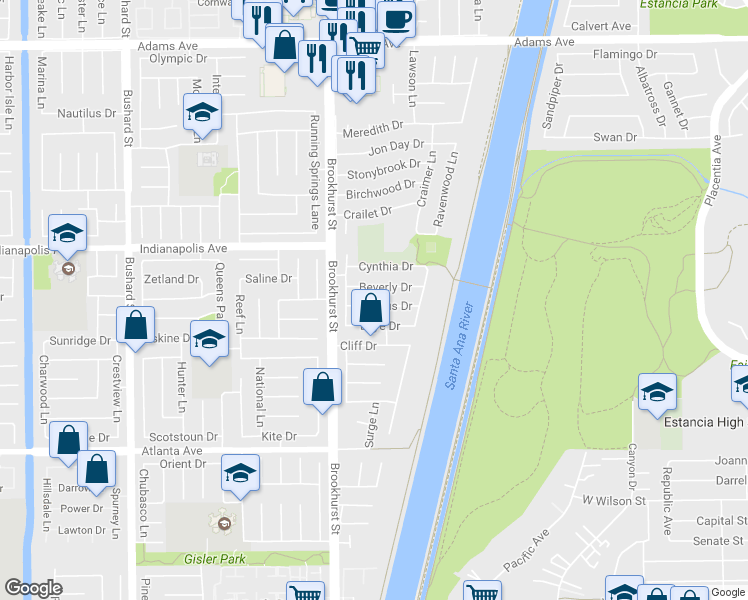 map of restaurants, bars, coffee shops, grocery stores, and more near 10101 Theseus Drive in Huntington Beach