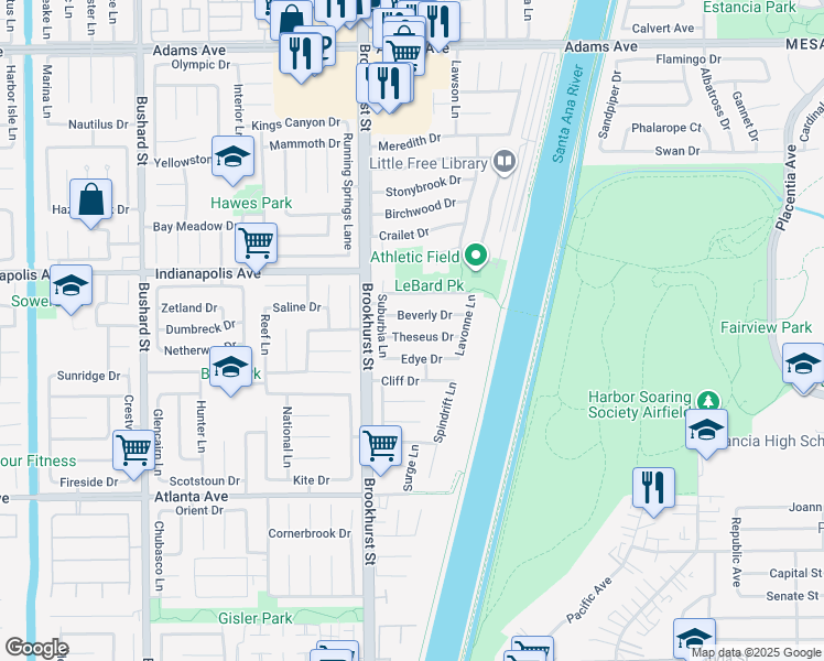 map of restaurants, bars, coffee shops, grocery stores, and more near 10101 Theseus Drive in Huntington Beach