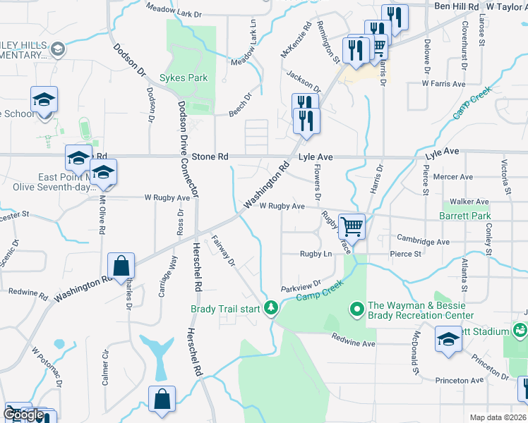 map of restaurants, bars, coffee shops, grocery stores, and more near 2410 West Rugby Avenue in College Park