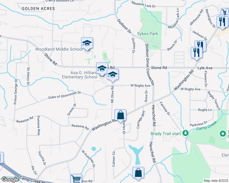 map of restaurants, bars, coffee shops, grocery stores, and more near 3404 Mount Olive Road in East Point