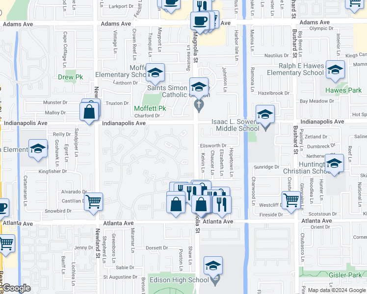 map of restaurants, bars, coffee shops, grocery stores, and more near 8933 Yolo Circle in Huntington Beach
