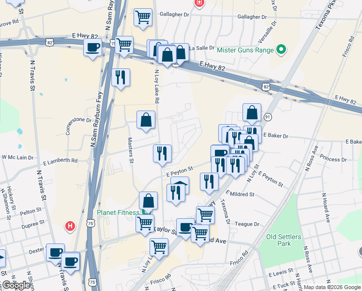 map of restaurants, bars, coffee shops, grocery stores, and more near 2508 Bennett Avenue in Sherman