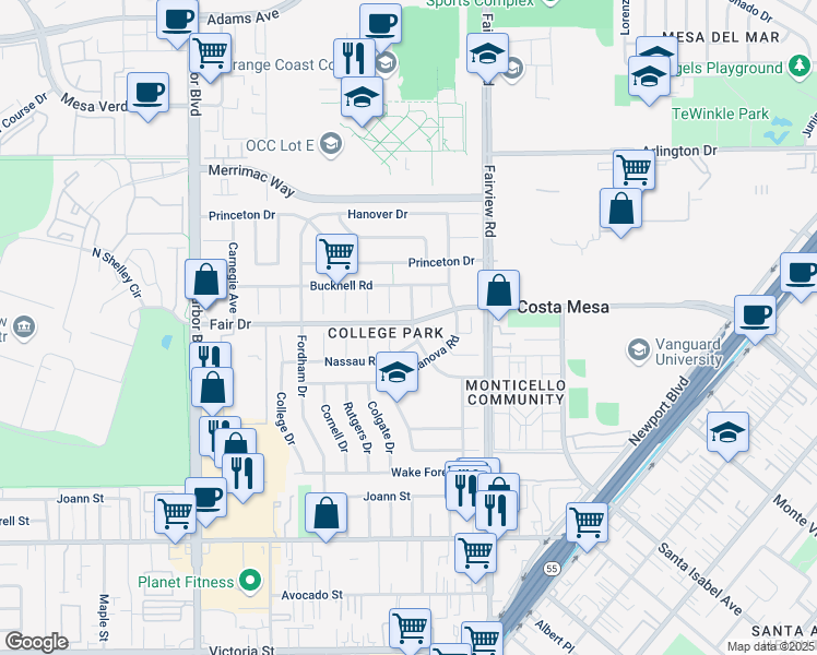 map of restaurants, bars, coffee shops, grocery stores, and more near 249 Loyola Road in Costa Mesa