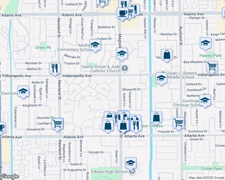 map of restaurants, bars, coffee shops, grocery stores, and more near 8933 Yolo Circle in Huntington Beach