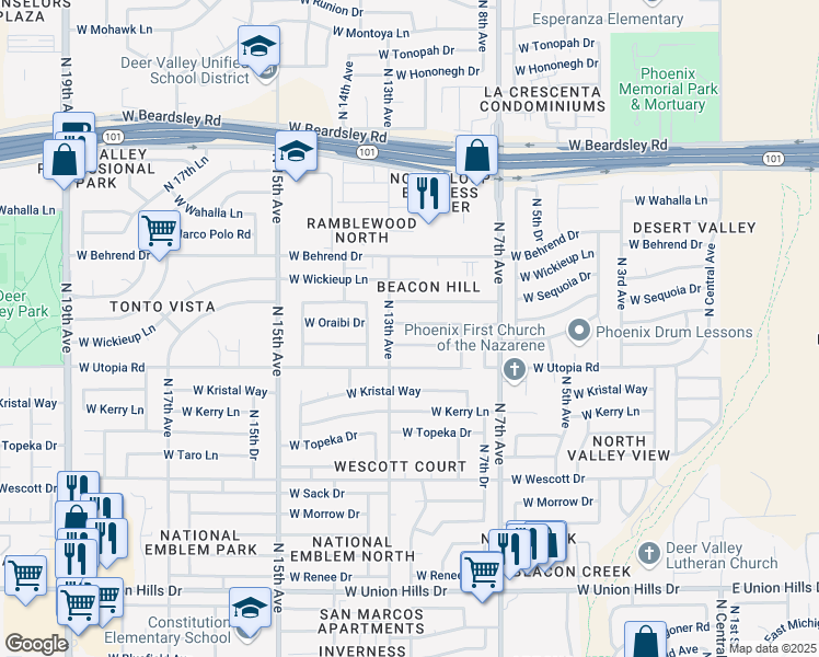 map of restaurants, bars, coffee shops, grocery stores, and more near 1107 West Oraibi Drive in Phoenix