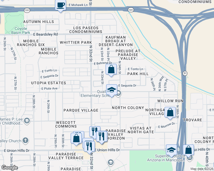 map of restaurants, bars, coffee shops, grocery stores, and more near 3319 East Sequoia Drive in Phoenix