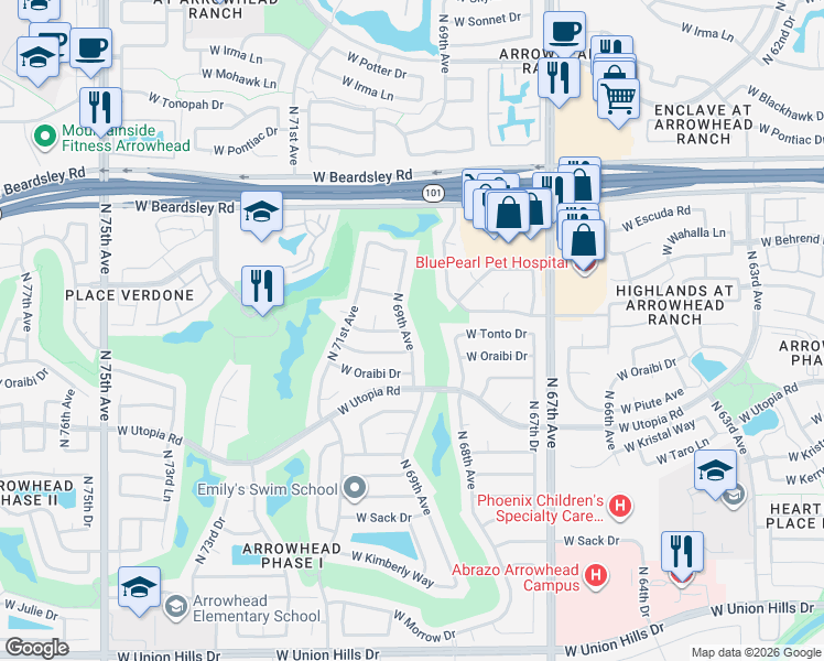 map of restaurants, bars, coffee shops, grocery stores, and more near 6915 West Behrend Drive in Glendale
