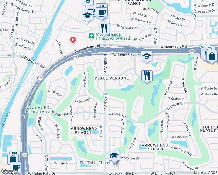 map of restaurants, bars, coffee shops, grocery stores, and more near 7459 West Denaro Drive in Glendale