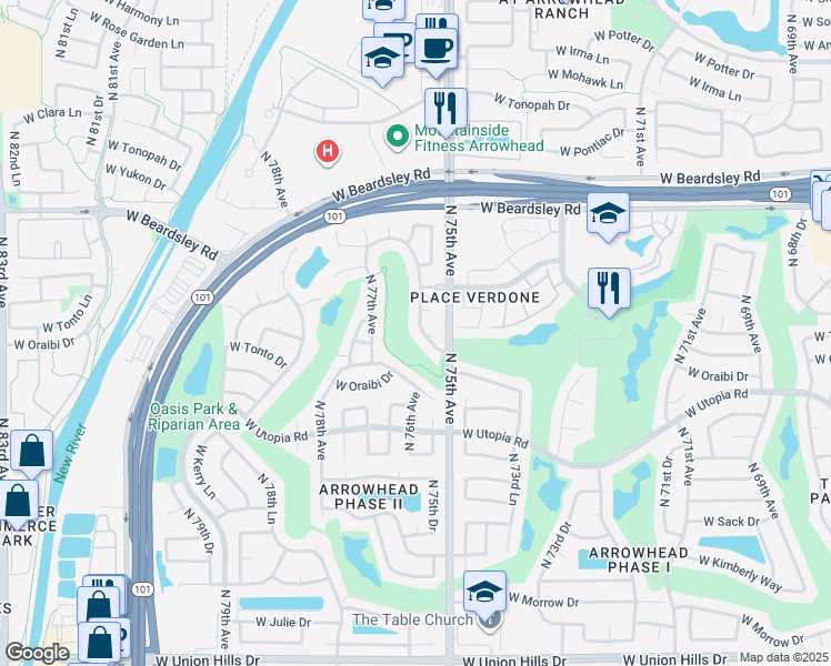 map of restaurants, bars, coffee shops, grocery stores, and more near 7520 North 76th Avenue in Glendale