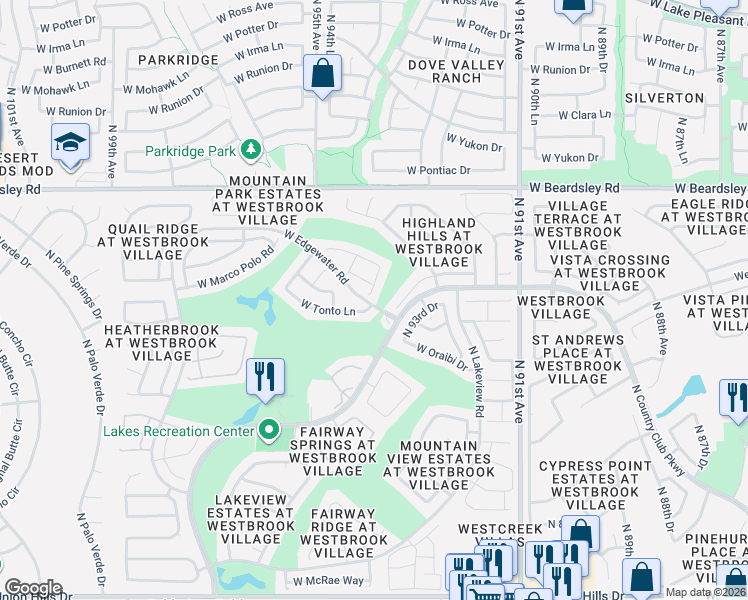map of restaurants, bars, coffee shops, grocery stores, and more near 9400 West Tonto Lane in Peoria