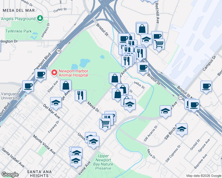map of restaurants, bars, coffee shops, grocery stores, and more near 1531 August Lane in Newport Beach