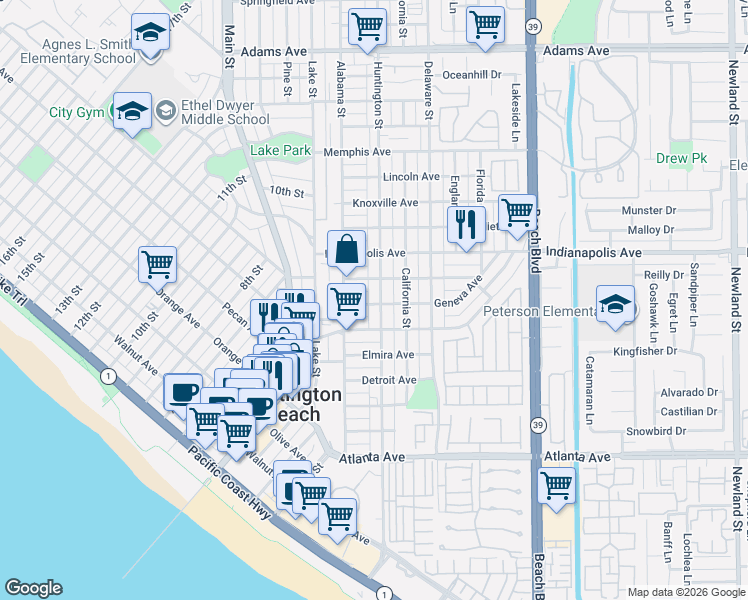 map of restaurants, bars, coffee shops, grocery stores, and more near 212 Geneva Avenue in Huntington Beach
