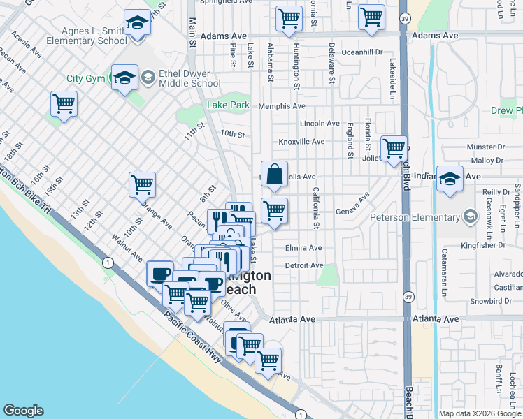 map of restaurants, bars, coffee shops, grocery stores, and more near 606 Lake Street in Huntington Beach