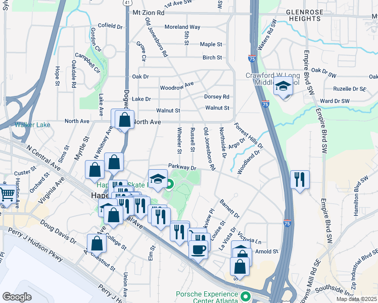 map of restaurants, bars, coffee shops, grocery stores, and more near 3313 Russell Street in Hapeville