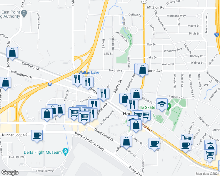 map of restaurants, bars, coffee shops, grocery stores, and more near 3331 Sims Street in Atlanta