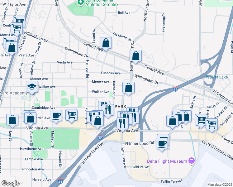map of restaurants, bars, coffee shops, grocery stores, and more near 3378 Bachelor Street in East Point