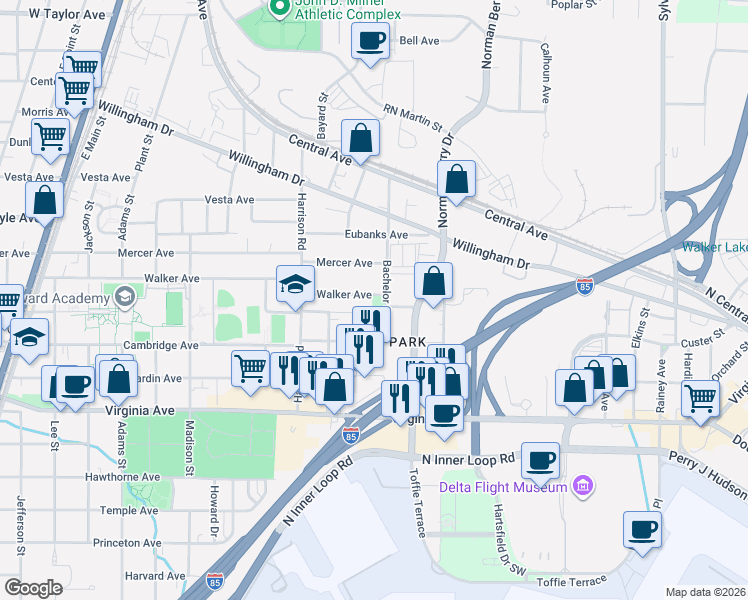 map of restaurants, bars, coffee shops, grocery stores, and more near 1316 Walker Avenue in East Point