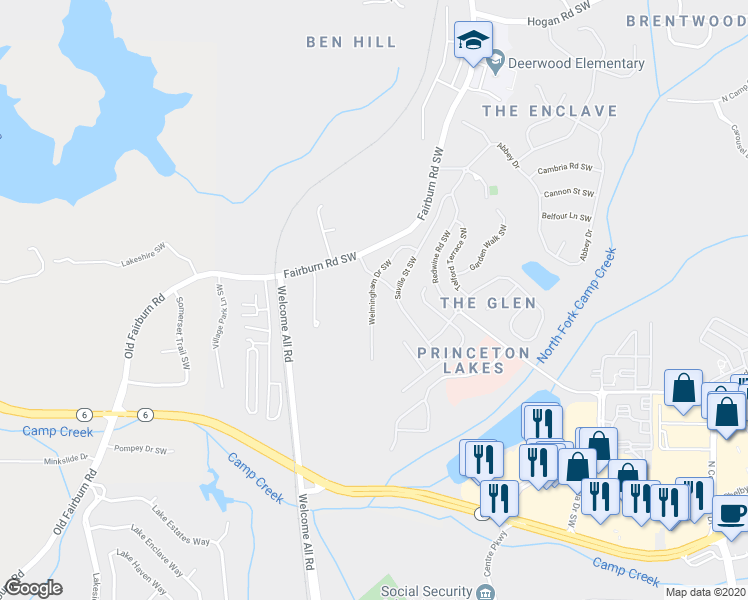 map of restaurants, bars, coffee shops, grocery stores, and more near 3253 Welmingham Drive Southwest in Atlanta