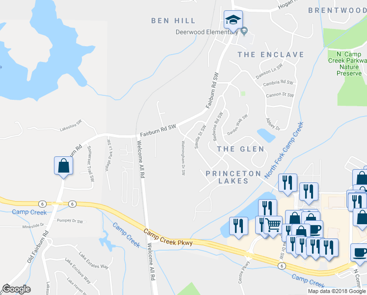map of restaurants, bars, coffee shops, grocery stores, and more near Welmingham Drive Southwest in Atlanta